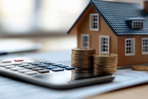 Kleines Häuschen mit Taschenrechner und Münzen